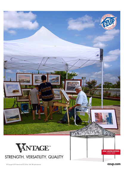 E-Z UP Vantage Instant Shelter Canopy, 10' x 10', White Powder-Coated Steel Frame with Wide-Trax Roller Bag & 4 Piece Spike Set, White