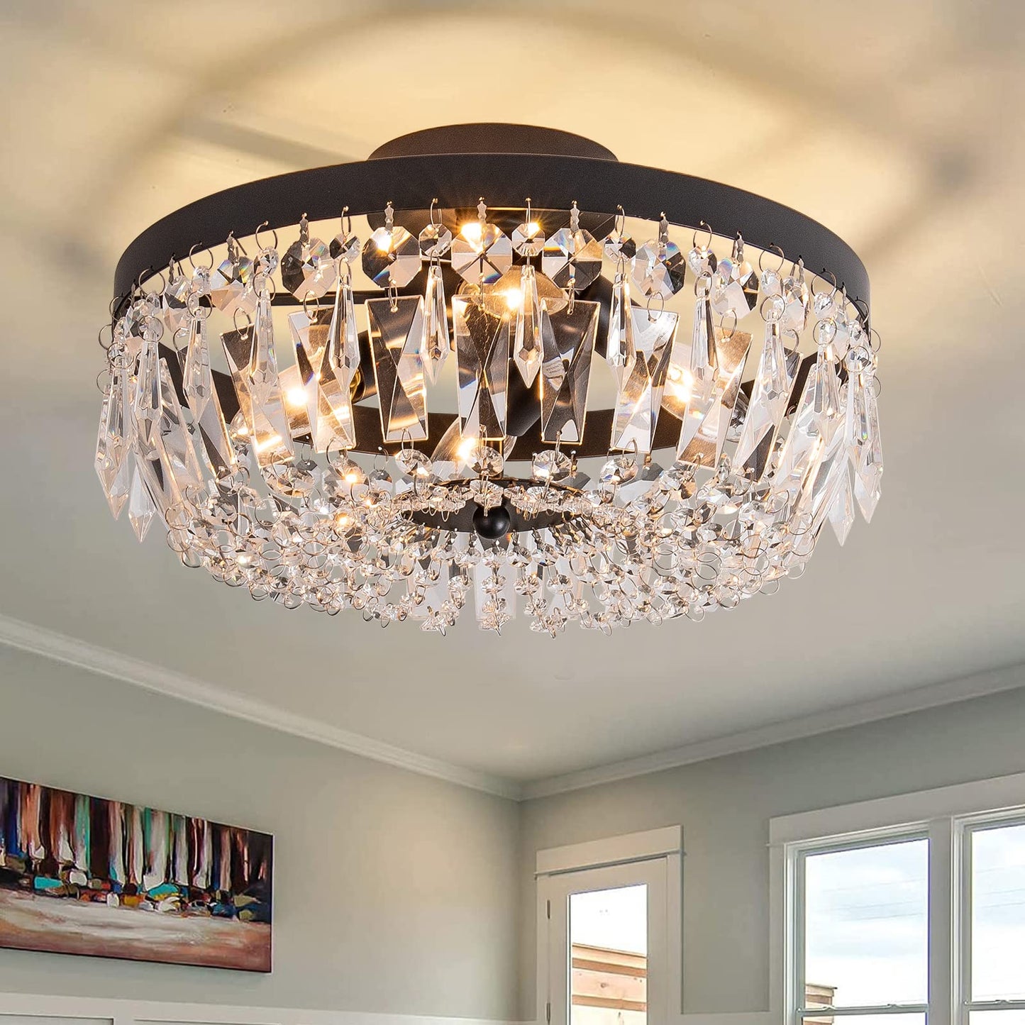 KSRYSZCQ Black Crystal Ceiling Light, 15''Modern Semi Flush Mount Ceiling Light Fiture 4-Light Crystal Chandelier with E12 Bulb for Dining Room, Kitchen Island, Bedroom Hallway