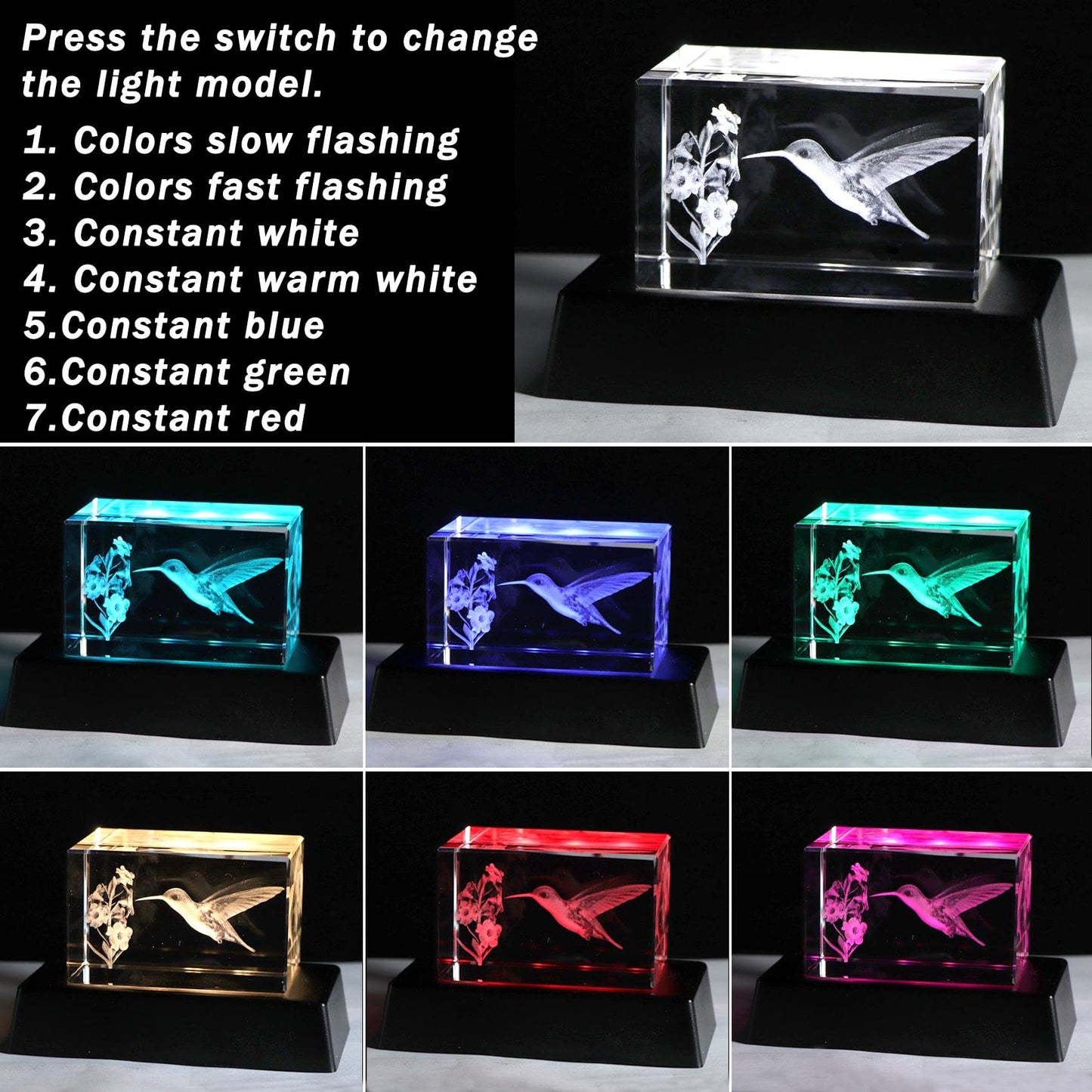 YWHL Crystal Hummingbird Gifts for Women Man, Laser Engraved 3D Hummingbird Figurines for Animal Lovers, Hummingbirds Decor for Home Party