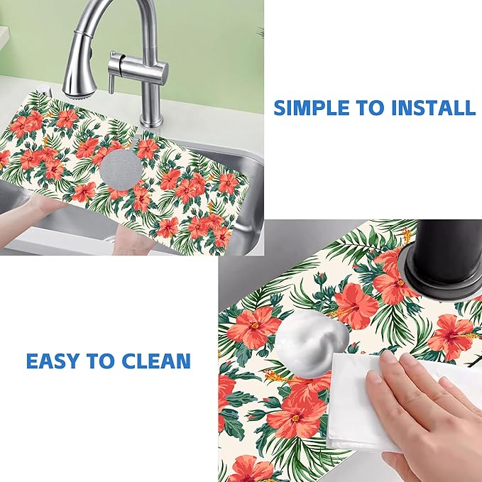 Tropical Leaves and Red Floral Kitchen Sink Splash Guard Mat Absorbent Fast