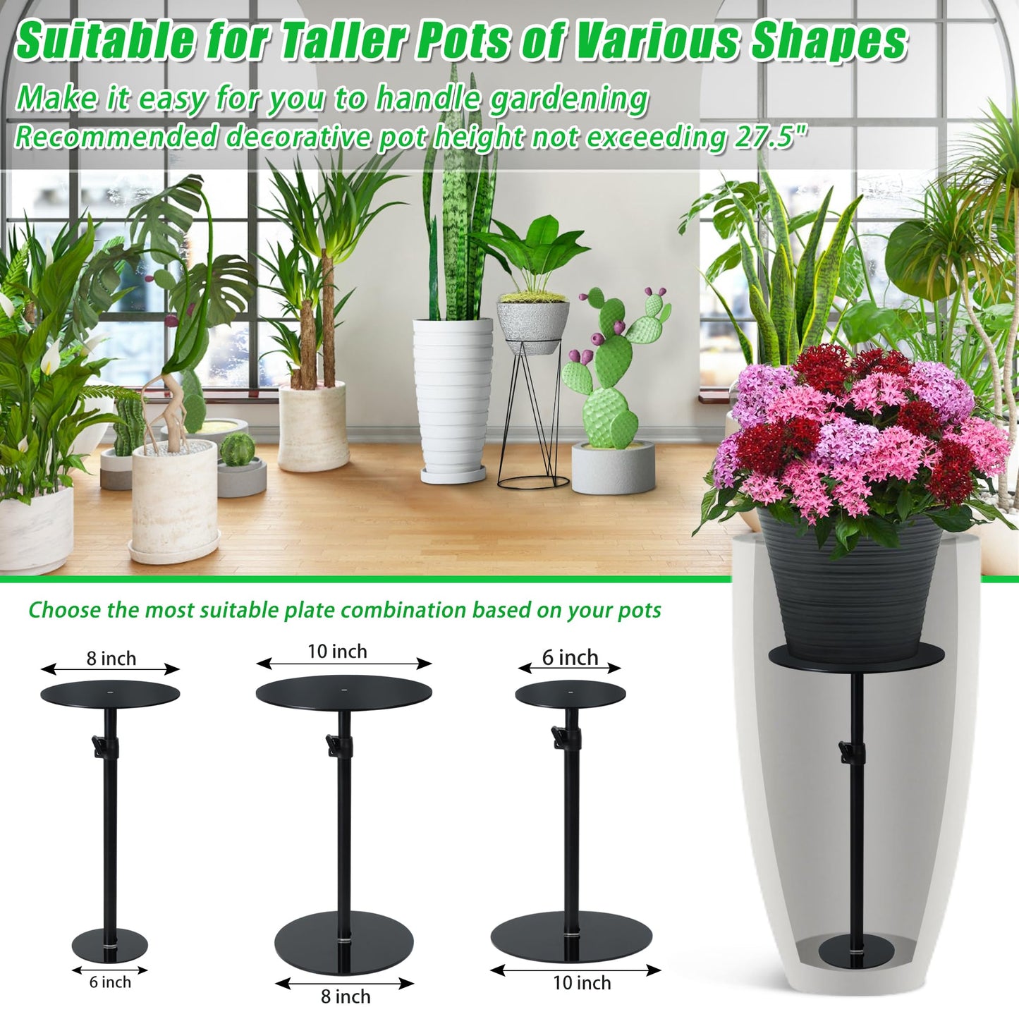 Adjustable Plant Risers for Inside Pots, 17-31" Rise Metal Planter Insert Filler for Large Pots, Plant Lift Pot Risers for Indoor Outdoor Tall Taper Planter Container (6" 8" 10" Base Top, Set of 1)