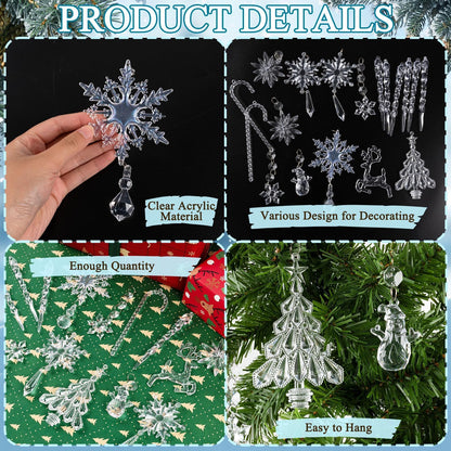 Crystal Christmas Tree Ornaments Snowflakes Decorations, 18Pcs Clear Acrylic Snowflake Hanging Ornaments with Icicle Drop Reindeer for Xmas Tree Winter Holiday Wedding Home Party Decor