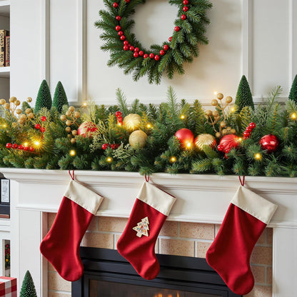 9FT Artificial Christmas Prelit Garland with 50 White Light, Pulg in, Pine Cones, Gold and Red Ball, Red Berris Mantle for Indoor Holiday Door Home Decorations Stairs Fireplaces Wall