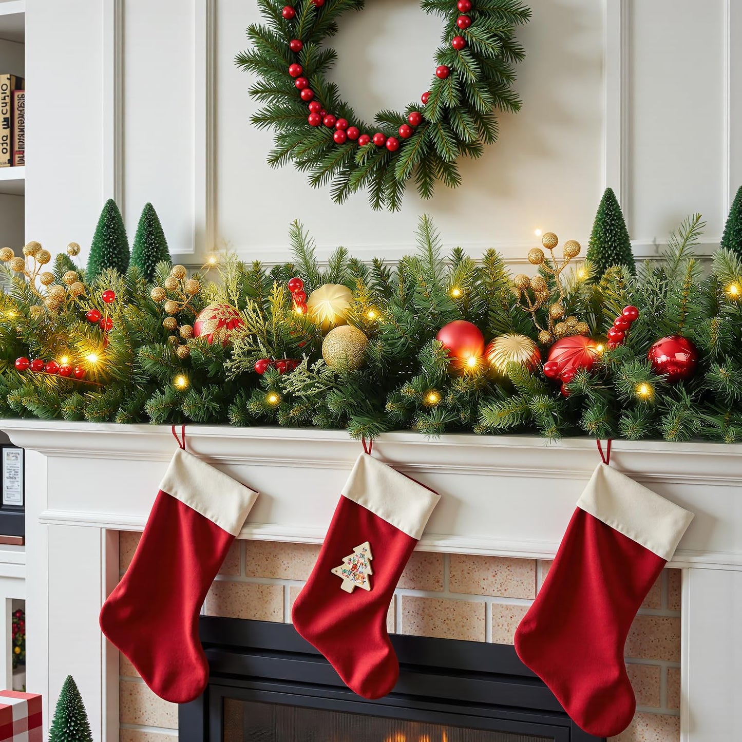 9FT Prelit Artificial Christma Garland with Dual Color LED Lights and Timer by Remote Control and Batteries Operated, Home Mantle Stairs Railing Fireplace Outdoor Indoor Wall