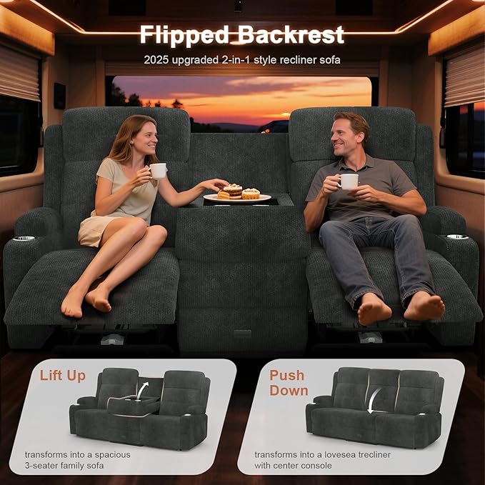 RV Loveseat Recliner Sofa, Massage Wall Hugger 3-Seater Recliners Couch