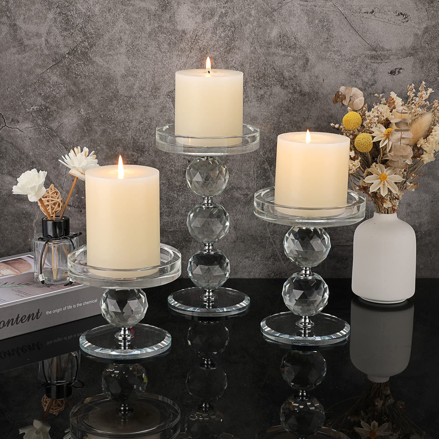 OwnMy Set of 3 Crystal Glass Pillar Candlestick Holders Clear Pillar Candle Holders Sets, Tealight Votive Candle Stands Modern Candle Centerpiece for Living Room Wedding Decor