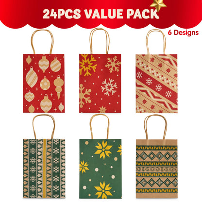 JOYIN 24 PCS Christmas Kraft Bags Holiday Paper Goody Gift Bags with Handles for Xmas Gifts Wrapping Party, Giant Gifts Decorations, Classrooms and Party Favors (Red+Green, 8.27" x 5.91" x 3.15")