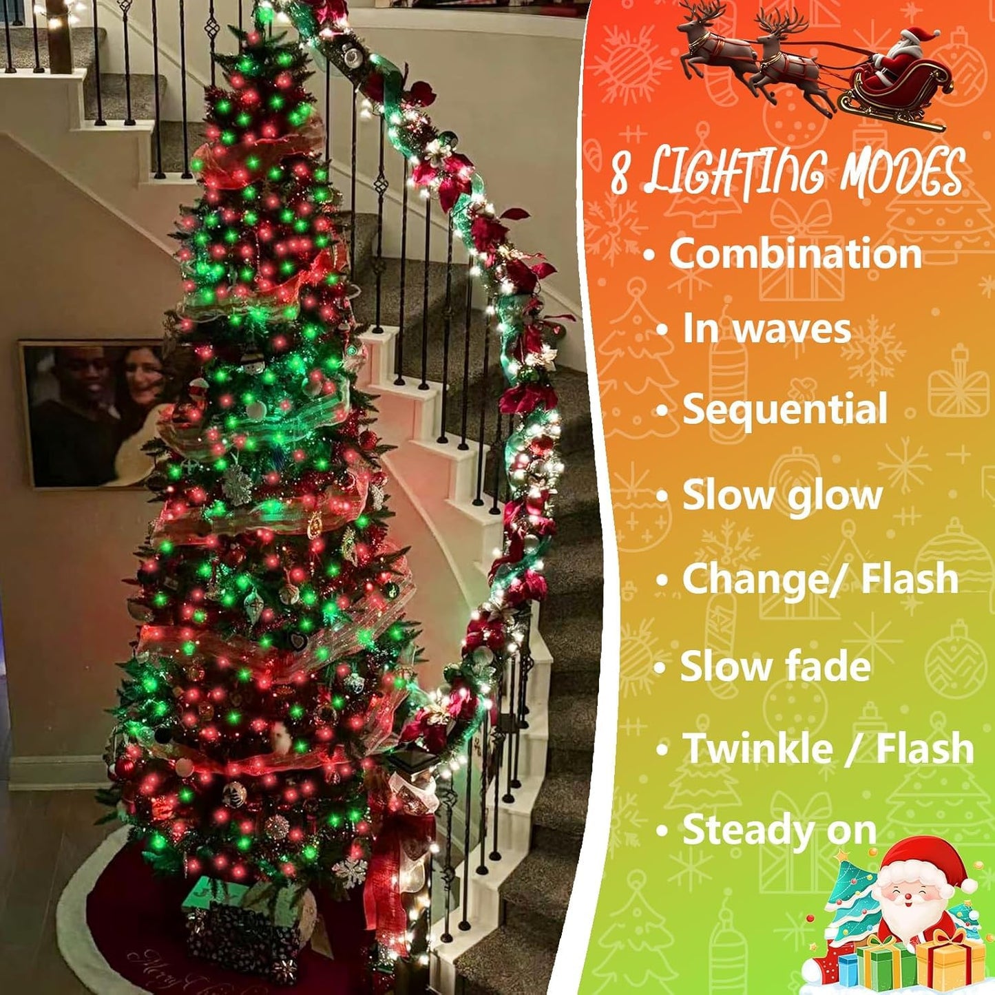 QITONG 500LED Red and Green String Lights, 165ft Christmas Lights Outdoor Waterproof with Plug in, Green Wire Twinkle Tree Lights Indoor with 8 Modes