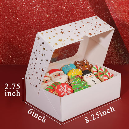 YEKTFS 24Pcs Christmas Cookie Boxes with Window - Gold Foil Star Pastry Boxes for Gift Giving, Bakery Boxes, White Christmas Cookie Tins with Lids,Dessert, Donut, Baked Goods Packaging