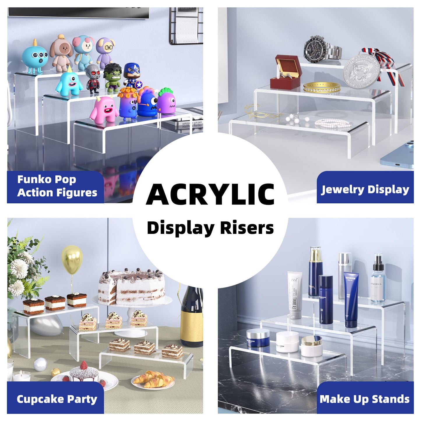 Goabroa Acrylic Display Risers, 2 Sets 6 Pcs Rectangular Risers Display Stands, 4mm Thick Display Stands for Vendor Events, Acrylic Shelves for Lego Display, Cupcake, Perfume