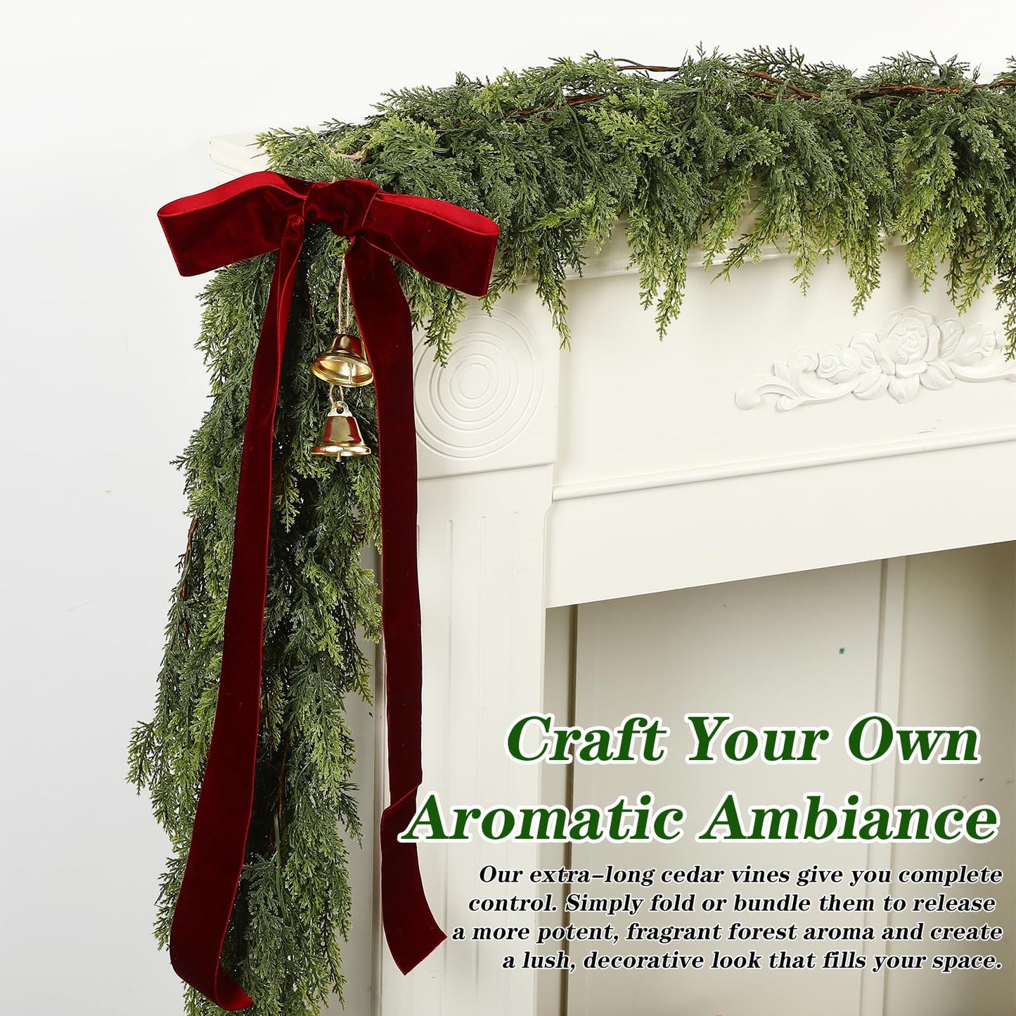 Suncalla 17 Extra Long Christmas Artificial Cedar Pine Cypress Garland with Ribbons and Bells Christmas Pine Decorations for Stairs Indoor Outdoor Wall Table Mantel Fireplace Xmas Decor