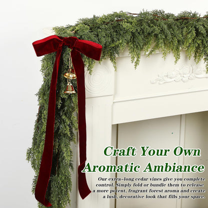 Suncalla 17 Extra Long Christmas Artificial Cedar Pine Cypress Garland with Ribbons and Bells Christmas Pine Decorations for Stairs Indoor Outdoor Wall Table Mantel Fireplace Xmas Decor