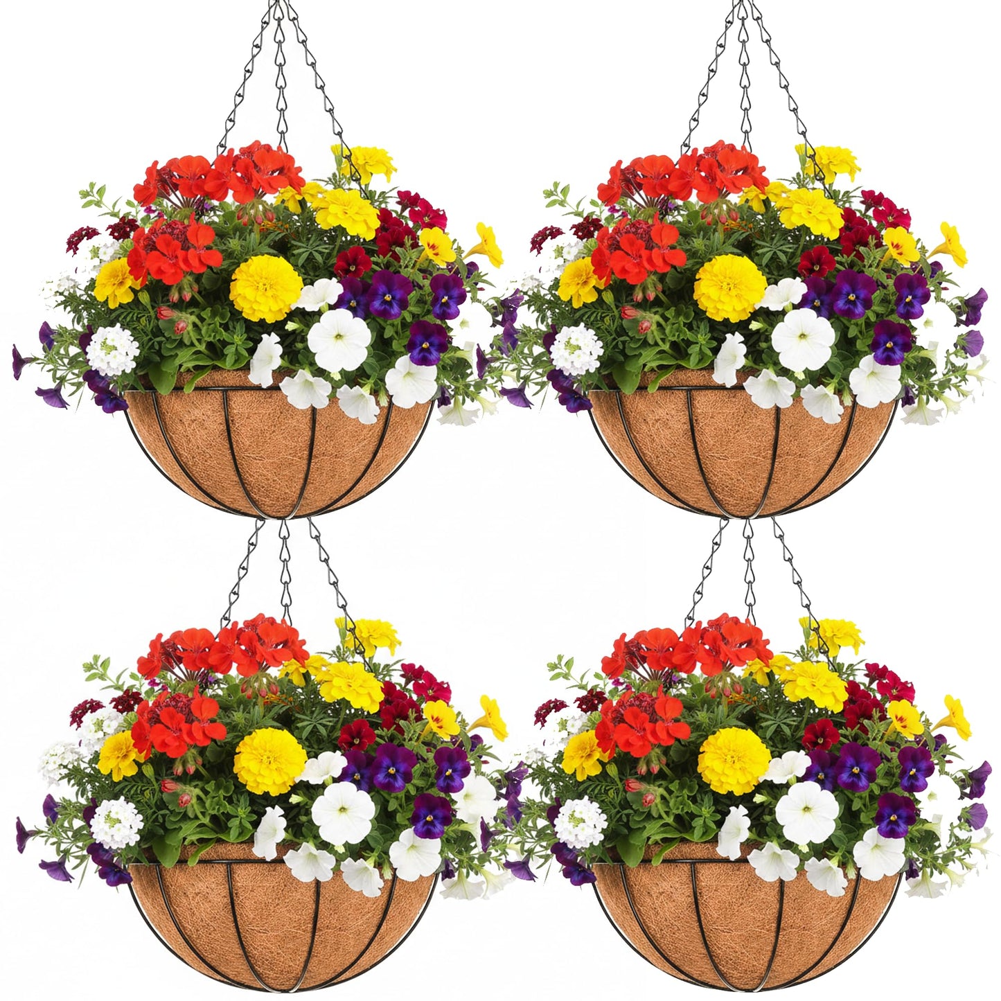 EIMQUVW Outdoor Metal Hanging Planters Basket (4pack, 12 inch) Hanging Baskets for Plants Chain Round Wire Plant Holder with Coco Fiber Liners for Garden, Patio, Deck, Porch