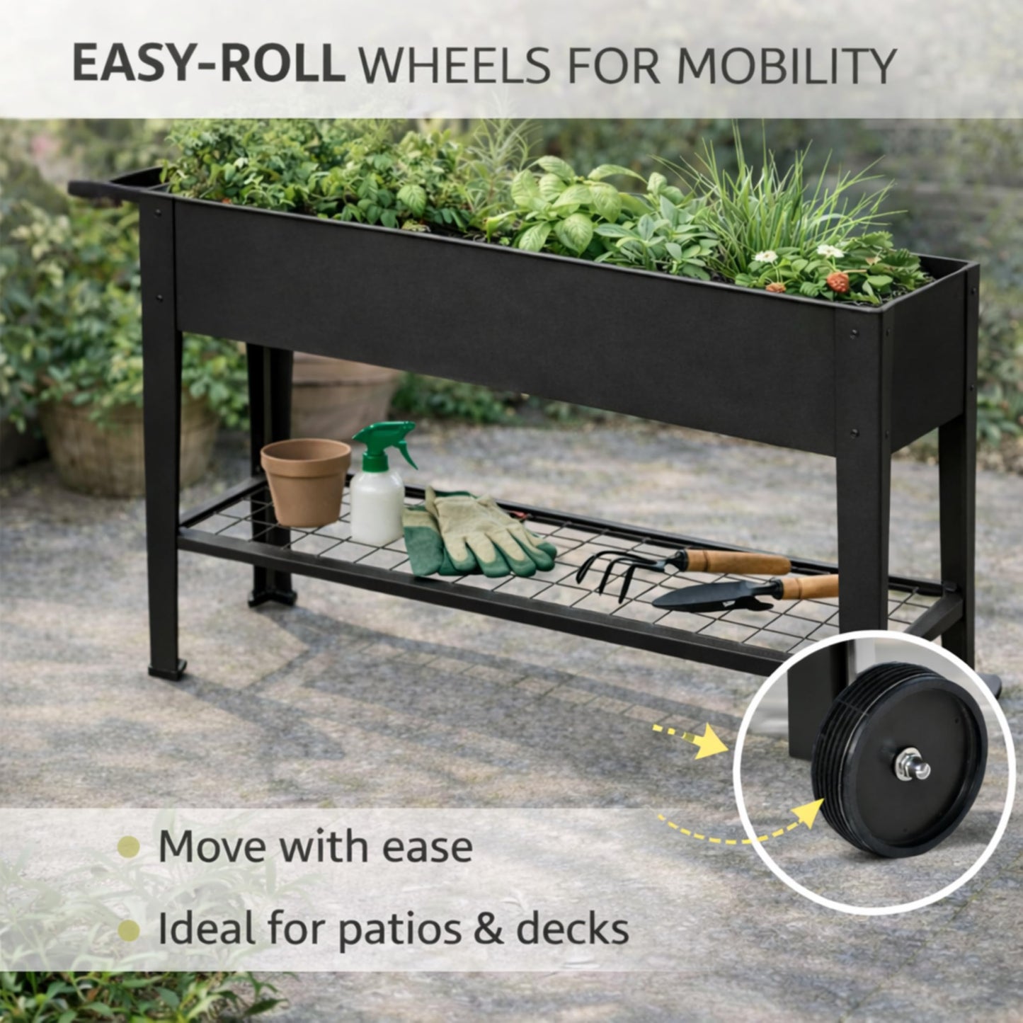 InSideOut Elevated 40" Raised Garden Bed Outdoor with Wheels & Shelf for Mobility, Metal Planter Box for Vegetables/Herbs, Patio-Balcony-Backyard (Charcoal)