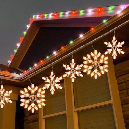 Dazzle Bright Christmas Snowflake Lights Outdoor,100 Count 8.5FT Connectable Waterproof Christmas Icicle Lights with 6 Drops Plug in for Indoor Xmas Yard Home Decorations (Warm White)