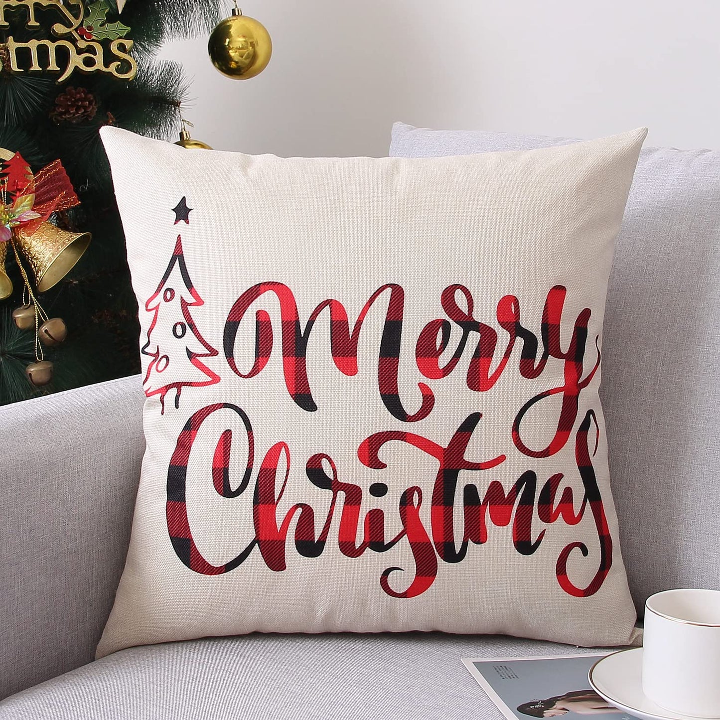 Coeufuedy Christmas Pillow Covers 18x18 Set of 4 Farmhouse Pillow Covers Holiday Rustic Linen Pillow Case Christmas Decor Pillowcase for Sofa Couch Bed and Car