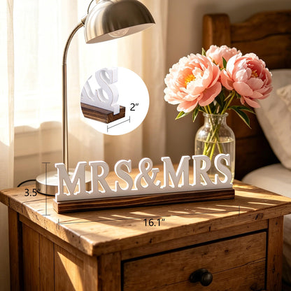 Sintosin Rustic Mrs and Mrs Wedding Decor Sign for Table 16 Inch, Handmade Distressed White Wooden LGBT Signs for Home Decor, Farmhouse Lesbian Wedding Reception Decorations Valentine