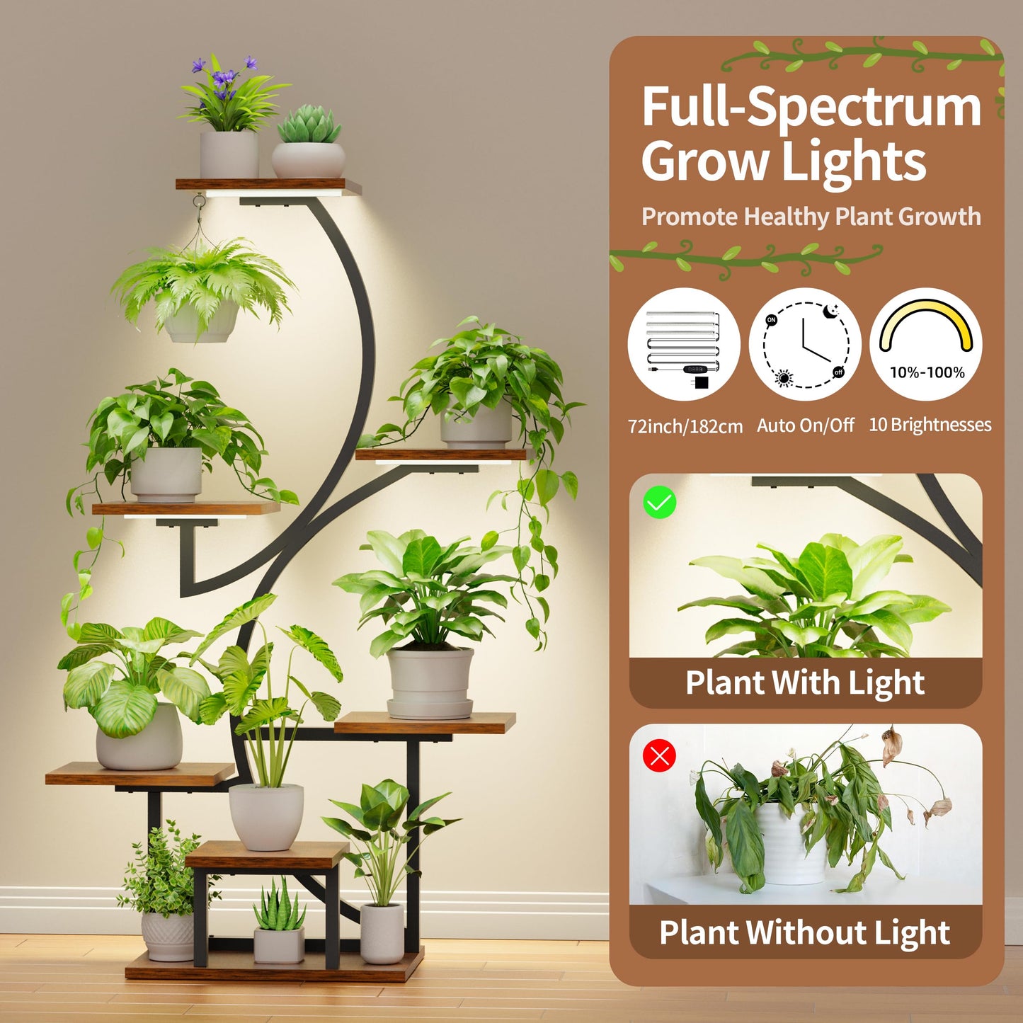 BACEKOLL Plant Stand Indoor with Grow Lights, 7 Tiered Plant Shelf Indoor, 44" Corner Plant Stands for Indoor Plants, Tall Plant Flower Display Shelf, S-Shaped Plant Rack for Home, Living Room, Black