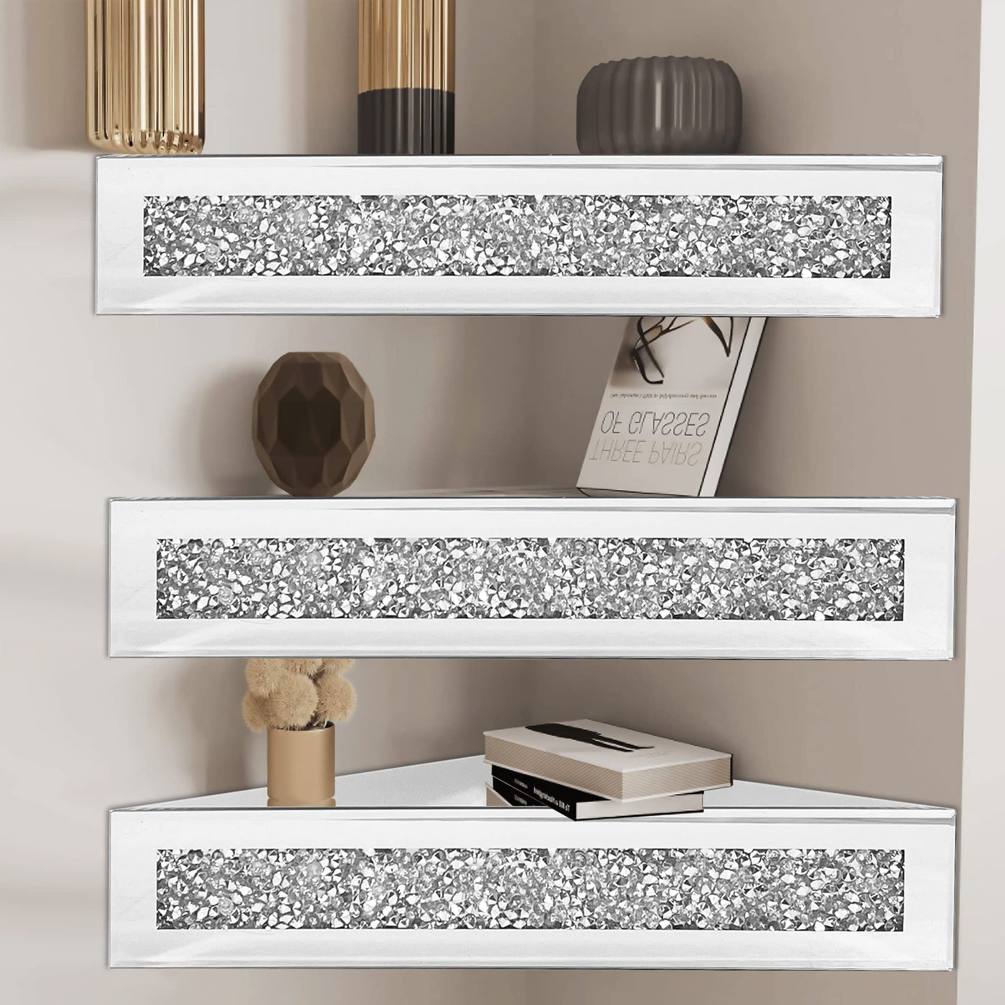 Royxen Corner Floating Shelves 2 Sets, Corner Shelf Wall Mounted Crushed Diamond, Corner Shelves Crystal Mirrored, Floating Corner Shelves for Wall