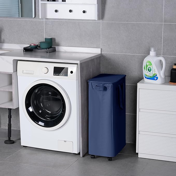 Slim Laundry Hamper with Lid and Wheels, Small Rolling Laundry Basket with