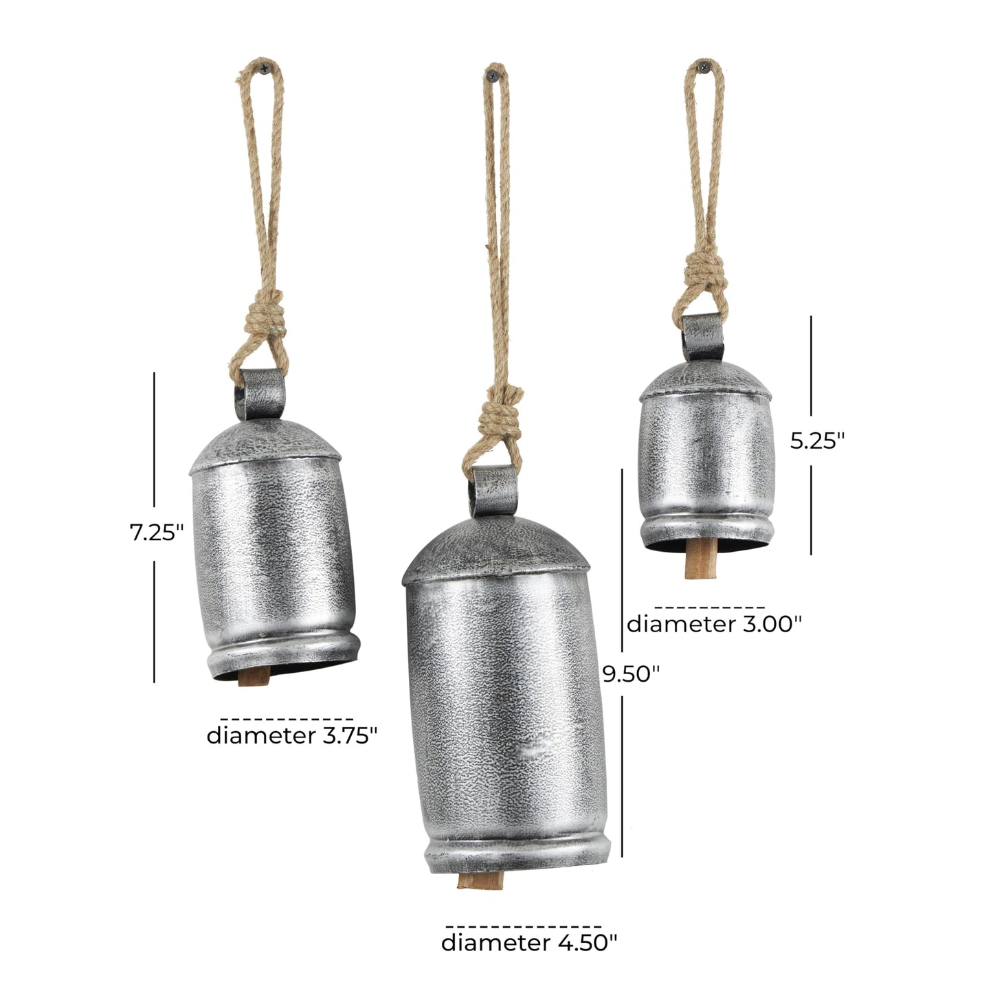 Deco 79 Metal Indoor Outdoor Decorative Cow Bells Tibetan Inspired Meditation Bell with Jute Hanging Rope, Set of 3 Cow Bell 10", 7", 5"H, Silver