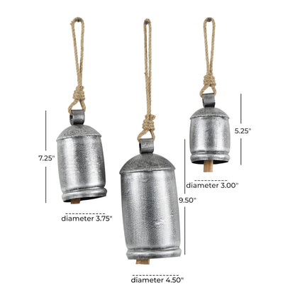 Deco 79 Metal Indoor Outdoor Decorative Cow Bells Tibetan Inspired Meditation Bell with Jute Hanging Rope, Set of 3 Cow Bell 10", 7", 5"H, Silver