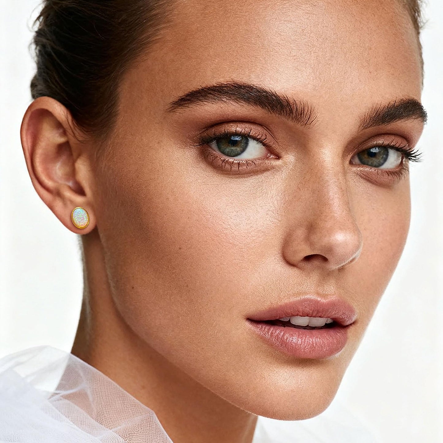 JiayangJY White Fire Opal Stud Earrings for Women 18K Yellow Gold Plated Sterling Silver Oval Shape 6mm Opal Earrings with Push Back
