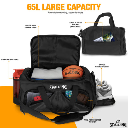 Spalding Gym Bag for Men & Women Duffle Bag with Wet & Shoe Compartment - 55L Capacity Large Workout Bags for Travel, Sports