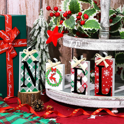 Christmas Wooden Noel Decorations,4Pcs Rustic Christmas Table Sign Decor,Letter Freestanding Xmas Centerpiece Table Tiered Tray Sign for Indoor Party New Year Winter Holiday Home Fireplace