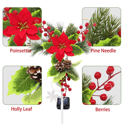 stadeco Solar Christmas Decorations Outdoor, 32 Inch Solar Christmas Cross Stake Lights, Waterproof Grave Decorations with Poinsettia Flower Pinecones Red Berries for Garden Yard Patio Lawn Cemetery