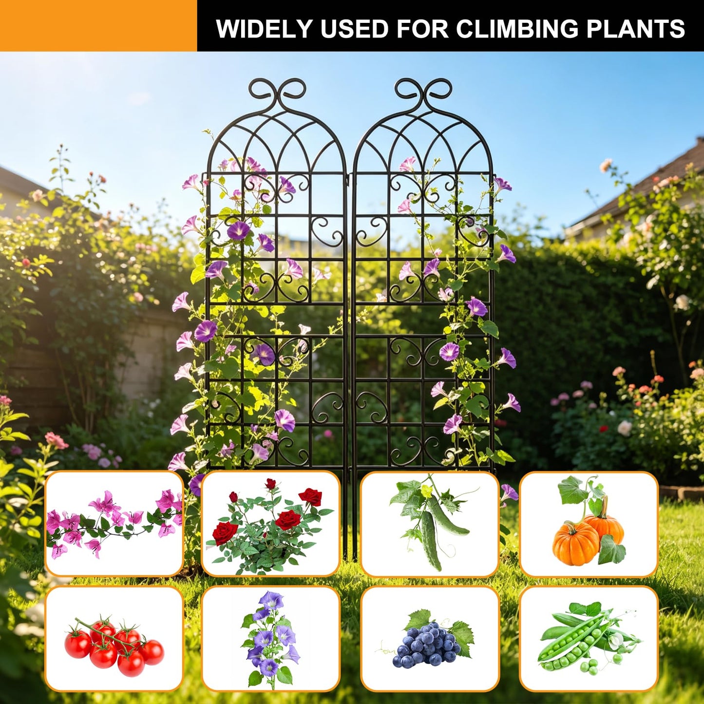 YOBAZAN 2 Pack 71" x 20" Garden Trellis for Climbing Plants, Heavy Duty Metal Plant Support for Outdoor Roses, Vines, Flowers, Vegetables, Black