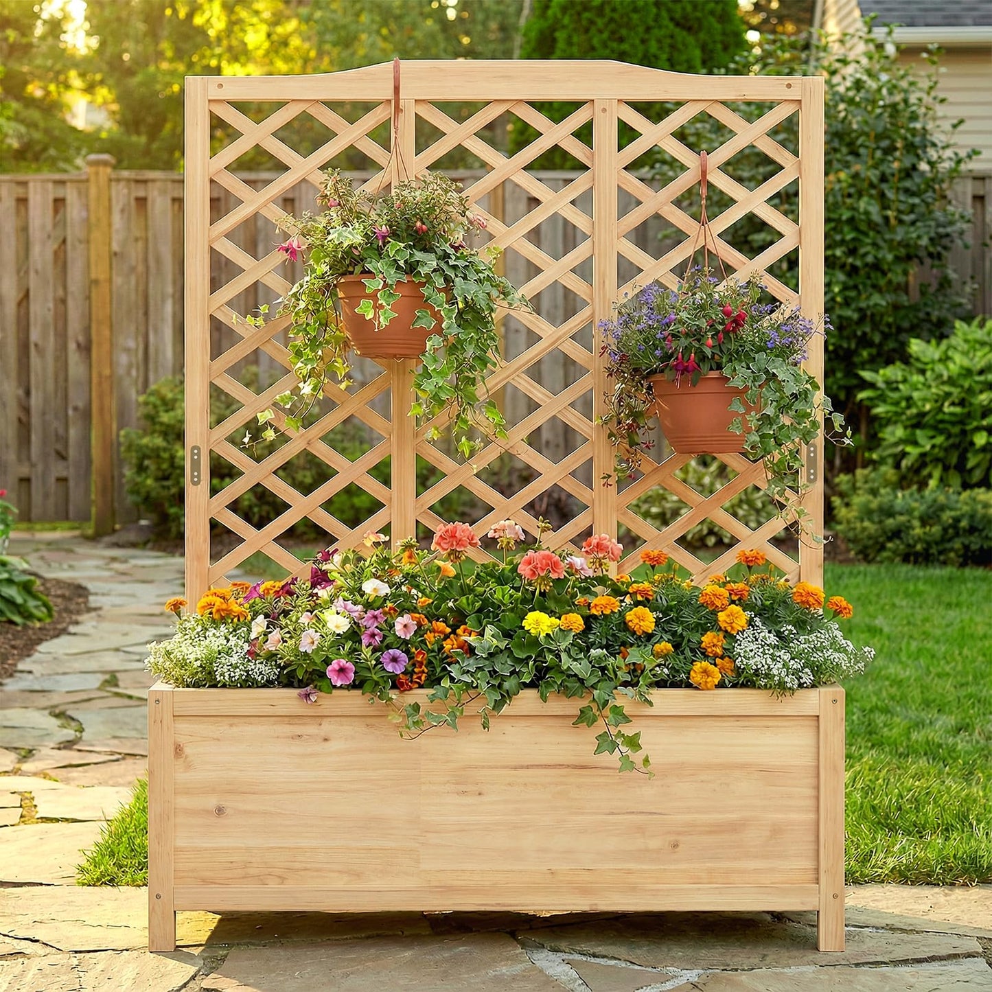 UrGROWA Wooden Raised Garden Bed with Trellis, Freestanding Planter Box with Drainage for Vines Climbing Plants Flowers Herbs, Elevated Gardening Planter for Backyard Balcony Patio