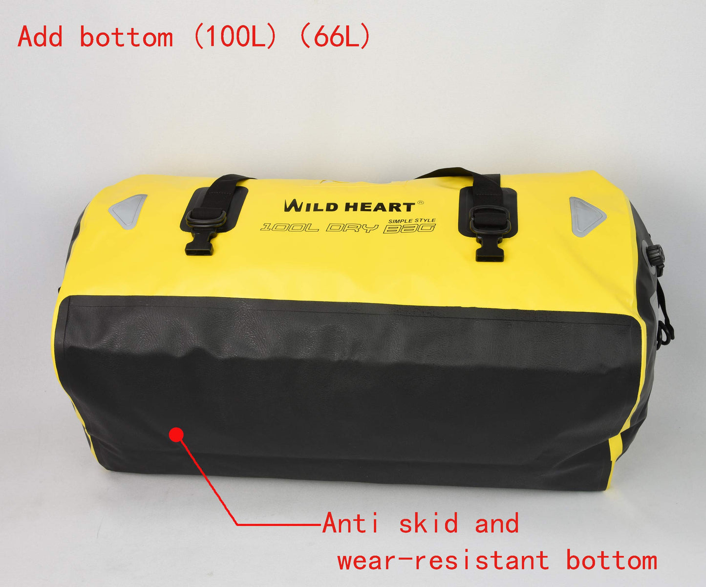 WILD HEART Waterproof Motorcycle Duffel Dry Bag PVC500D Double-bottom With Rope Straps and Inner Pocket 40L 66L 100L for Kayaking/Camping/Boating/Motorcycle/Hiking/Surfing (66L,Yellow)