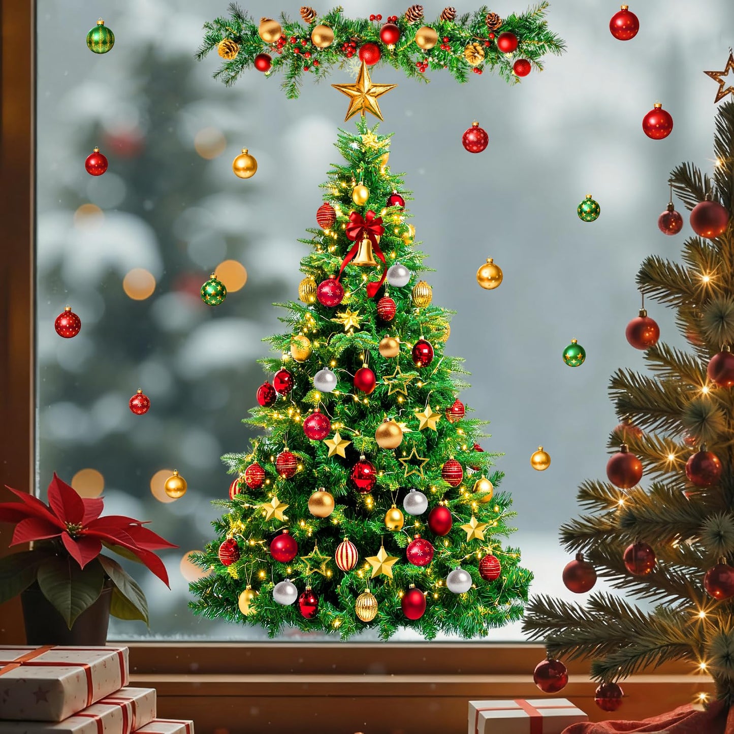 Large Christmas Tree Wall Decals Peel and Stick Merry Christmas Ornament Wall Stickers Removable Winter Tree Decals Xmas Trees Stickers Xmas Holiday Window Sticker for Party Decoration