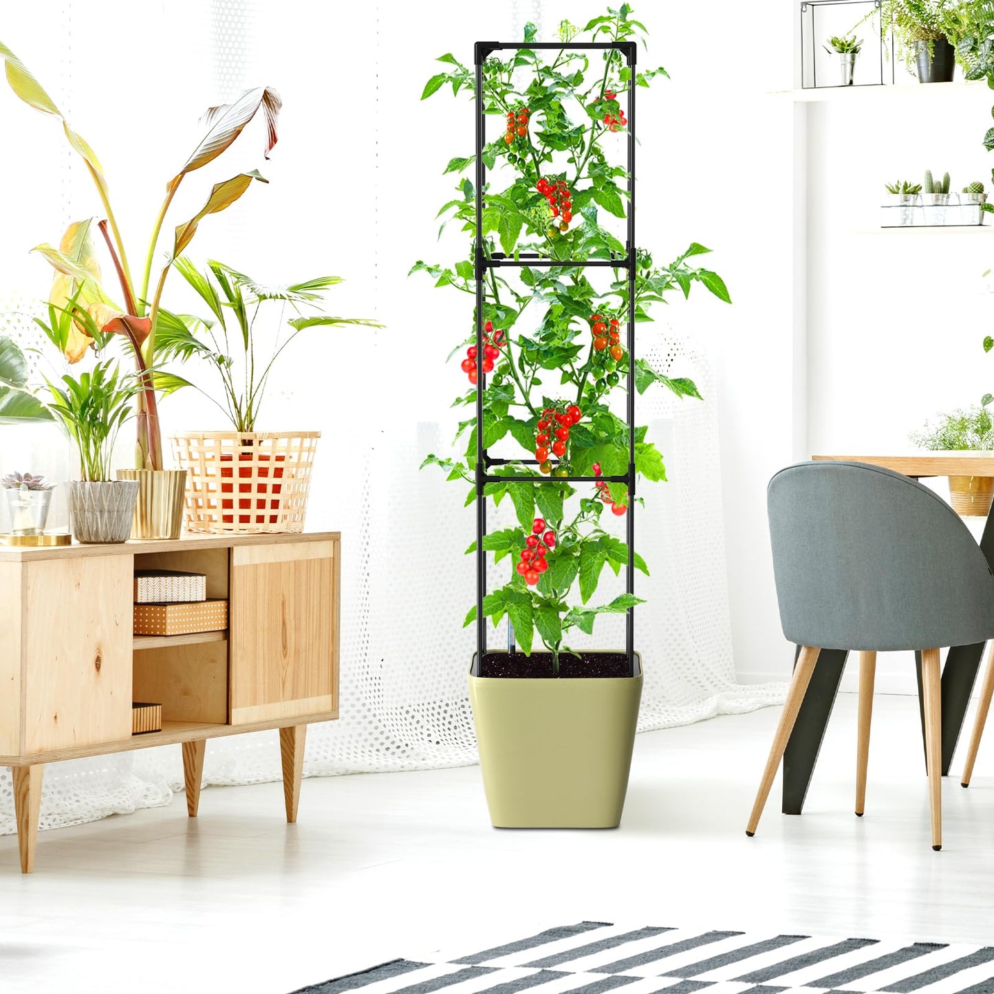 UrGROWA Tomato Planter Box with Trellis, Self Watering Rolling Raised Garden Bed with Water Level Monitor for Climbing Vegetables Plants Cage, Garden Planters Plant Pots for Plants Flowers Decor