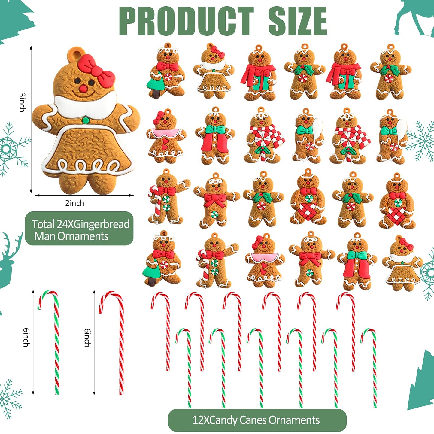 Zhanmai 36 Pcs Gingerbread Man Ornaments - Christmas Candy Canes & Hanging Ornaments Decoration for Xmas Tree & Home Holiday Party Decor (Cute Style)