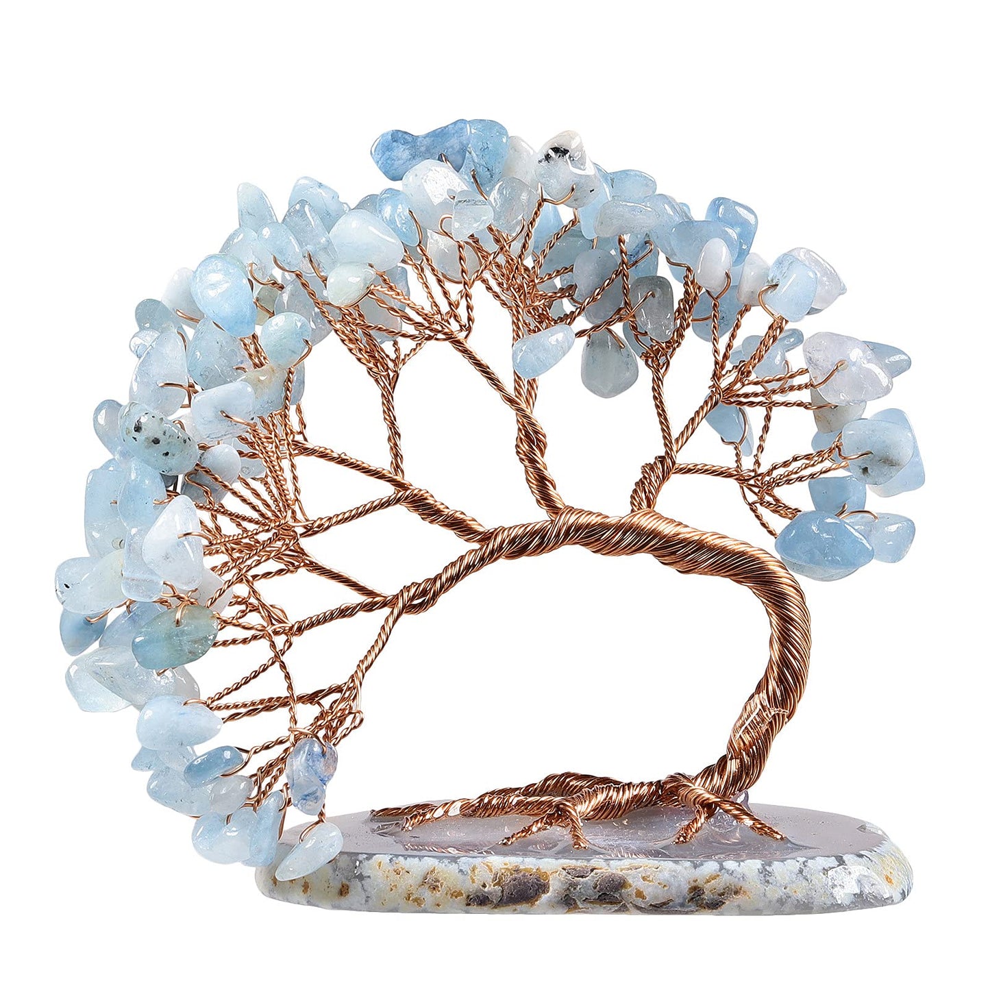 mookaitedecor Natural Aquamarine Crystal Money Tree Agate Slice Base Feng Shui Bonsai Crystal Tree for Wealth Luck Desk Decor, 3-4 Inch High