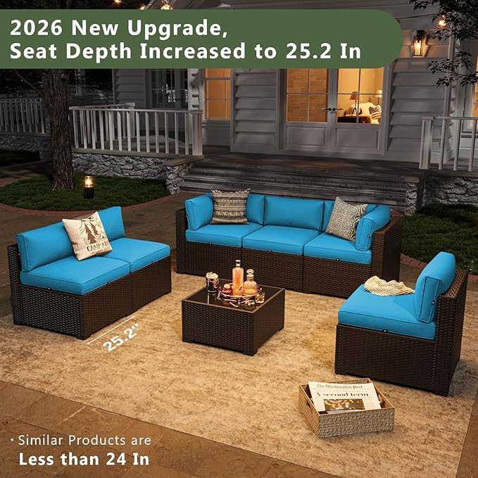 Aoxun 7 Piece Patio Furniture Set, Wicker Rattan Patio Sectional Sofa, Outdoor