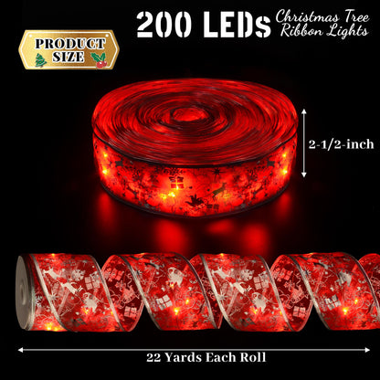 Vimorg Christmas Decorations - 2.5Inch x 66Ft 200 Led Christmas Tree Ribbon Lights with 8 Lighting Modes, Battery Operated & USB Powered Fairy String Lights with Timer for Xmas Tree Decor