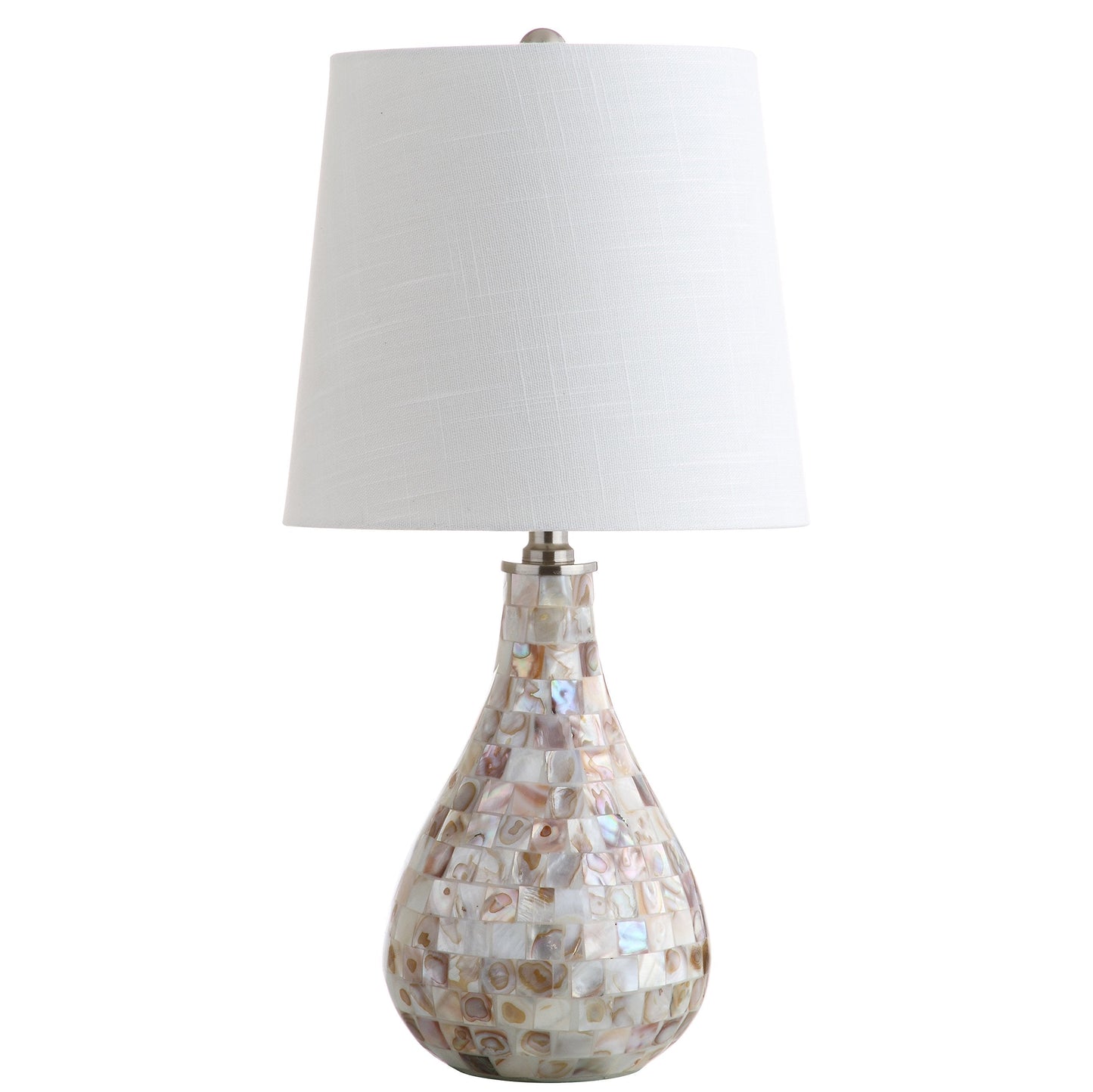 JONATHAN Y 20.5" Seashell Coastal Mini LED Table Lamp for Living Room Office, White Linen Drum Shade, Modern Mother of Pearl Bedside Nightstand Lamp, LED Bulb Included JYL1024A