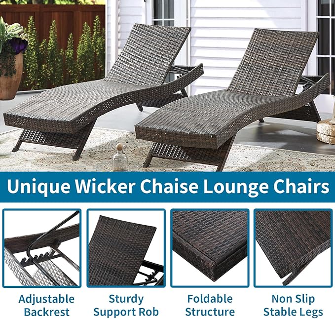 Outdoor Chaise Lounge Chairs + Coffee Table Set of 3