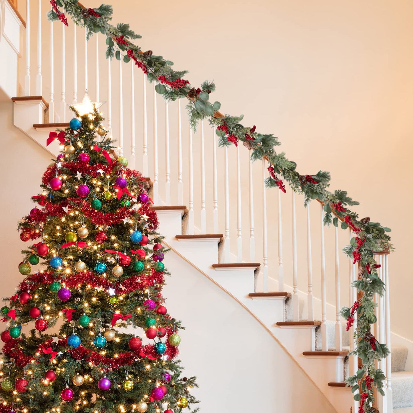 LOHASBEE Artificial Christmas Garland, 5 Feet Pine Cone Eucalyptus Garland with Red Berries, Bells & Greenery Glitter for Christmas Indoor Outdoor Garden Gate Front Door Home Wall Window Stair Decor