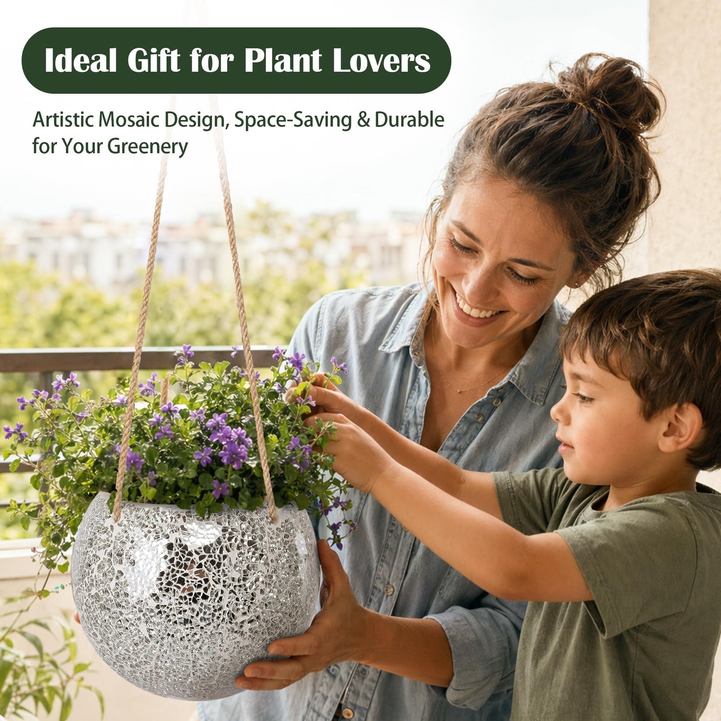 Chonsun Hanging Planter Mosaic Garden Pot Small Flower Pot for Indoor Plant Disco Ball Hanging Planter with Drainage Sliver