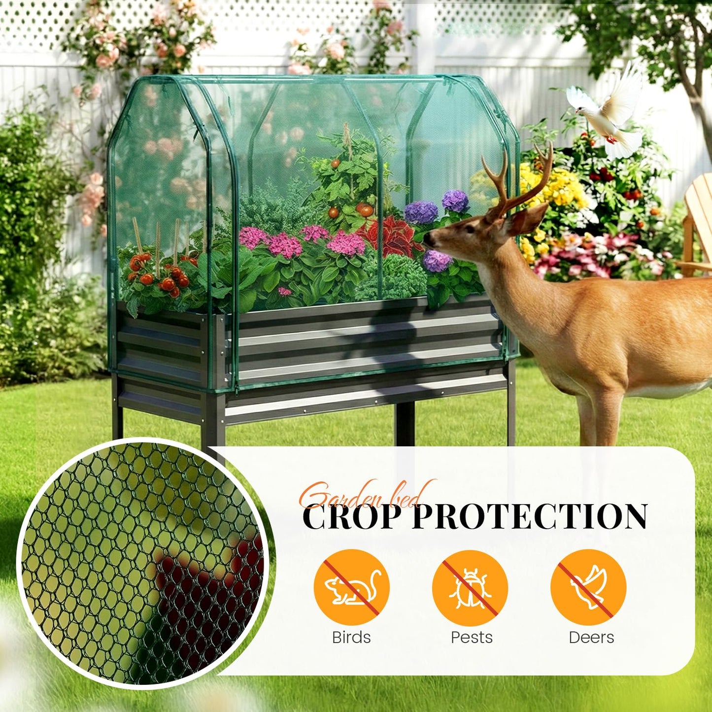KING BIRD Large Raised Garden Bed with Cover & Netting Galvanized Elevated Planter Box with Legs 48×24×56 in for Backyard, Patio, Balcony, 400lb Capacity, Dark Grey