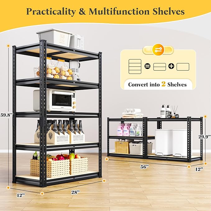 Set of 2 Storage Shelves 5 Tier Garage Shelving Heavy Duty Metal Shelving 2020LBS Adjustable Metal Shelf 59.8" H Pantry Shelf for Garage Pantry Closet Kitchen Basement 28"W x 12"D x 59.8"H,2 Pack