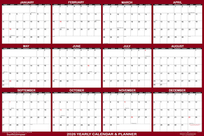 24" x 36" SwiftGlimpse 2026 Wall Calendar Erasable Large Wet & Dry Erase Laminated 12 Month Annual Yearly Wall Planner, Reversible, Horizontal/Vertical, Maroon
