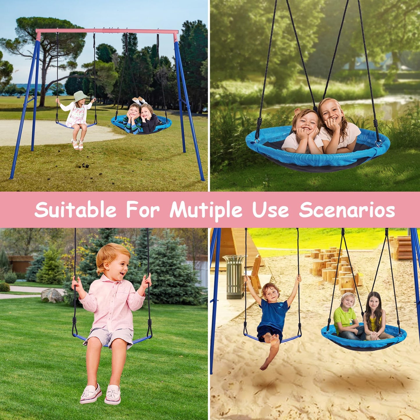 Lunafun Outdoor Swings for Kids, 440lbs, Heavy-Duty A-Frame Metal Outdoor Swing Stand, 1 Saucer & 1 Belt Swing Seat for Playground, Backyard Blue