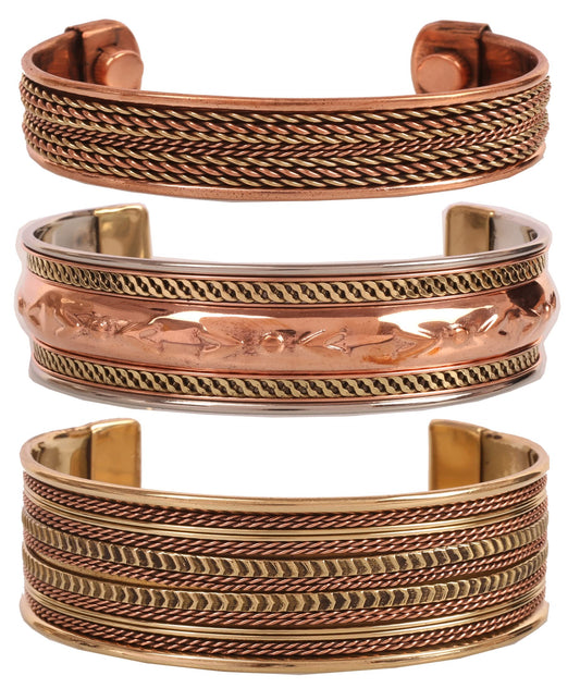 Touchstone copper bracelets | gift for men women |adjustable 100% pure solid real magnetic jewelry | handmade bracelet set combo | rope braided tibetan bangles. Set of 3 different designs