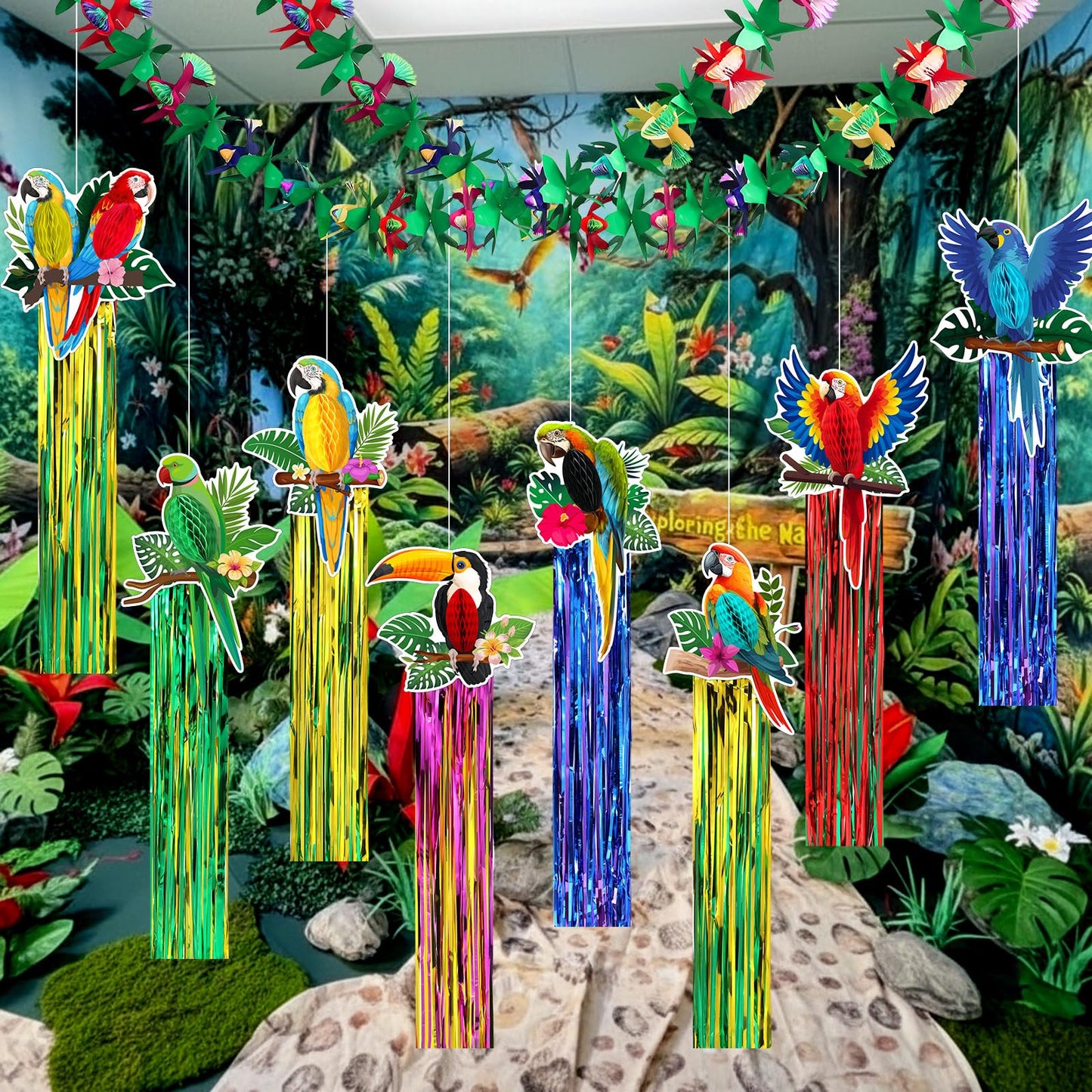 Gemscream 10 Pack 2026vbs Rainforest Tropical Birds Decorations Set Hawaiian Luau Party Supplies Includes 8 Pcs Tassel Hanging Swirls 2 Pcs 6.6ft Tropical Garland Decor for Beach Birds Birthday Party