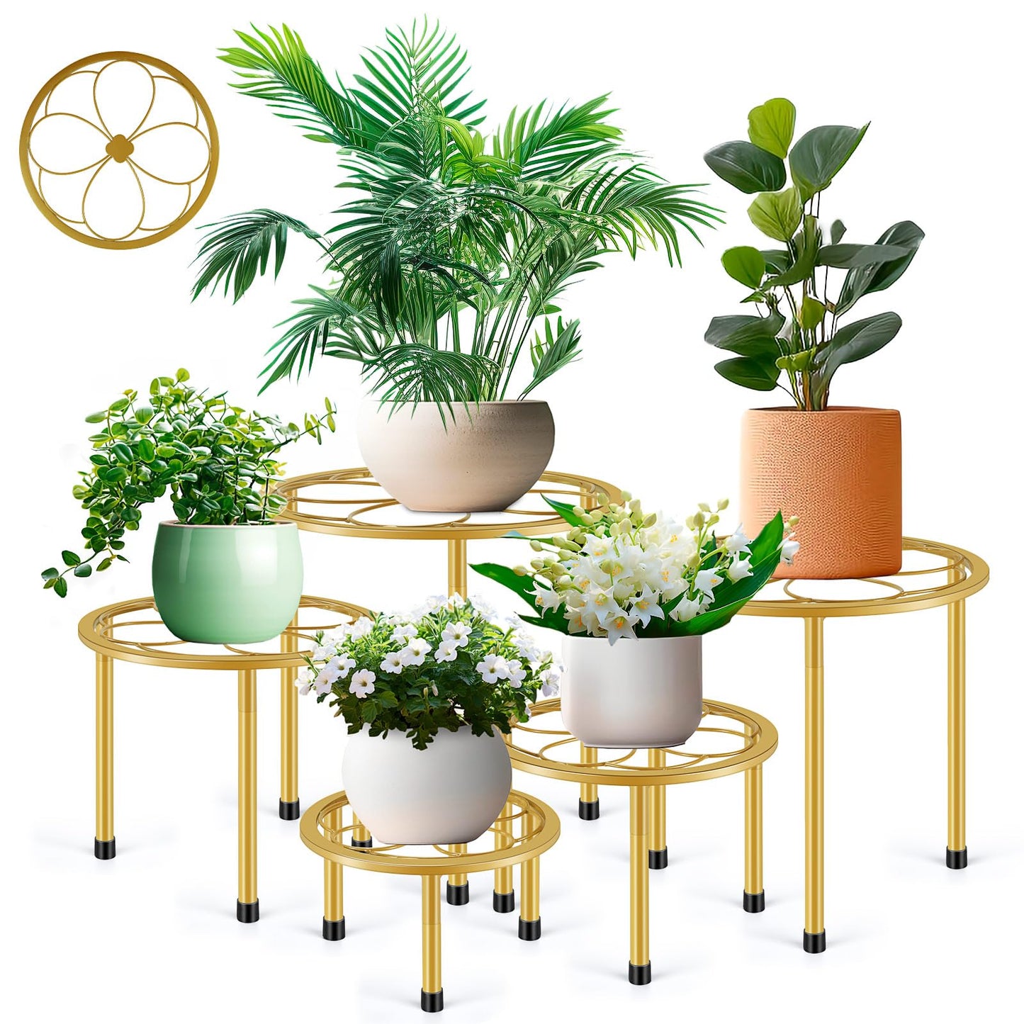 Amaoot 5 Pack Metal Plant Stand, Anti-Rust Iron Plant Stands for Indoor and Outdoor, Heavy Duty Flower Pot Stands for Multiple Plant, Black Potted Plant Holder for Garden Home (5 Pack Gold)